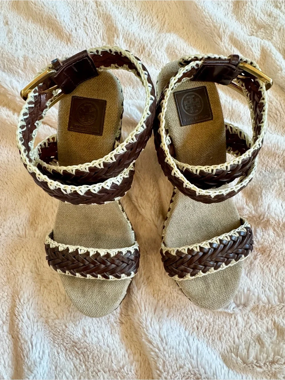 Tory Burch Two Tone Woven Leather Paloma Ankle Strap Espadrille Wedge Sandals